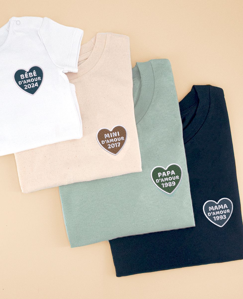 Coffret Trio de T-shirts Papa/Mama/Mini/Bébé d'amour et coeur brodé - Cadeaux Papa, Cadeaux Maman, Future Maman