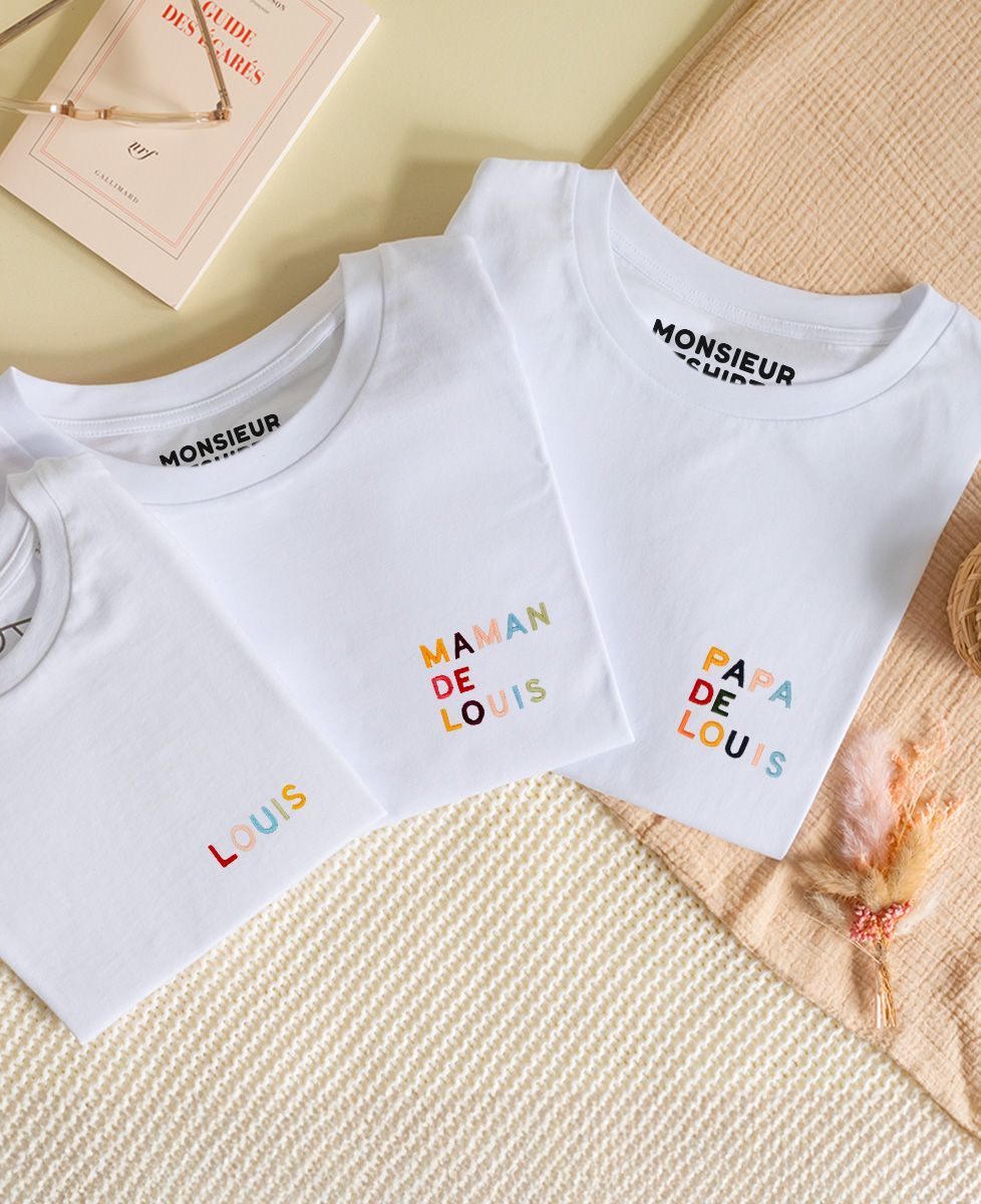 Coffret Trio de T-shirts Papa / Maman / Enfant de prénoms multicolore brodé - Cadeaux Papa