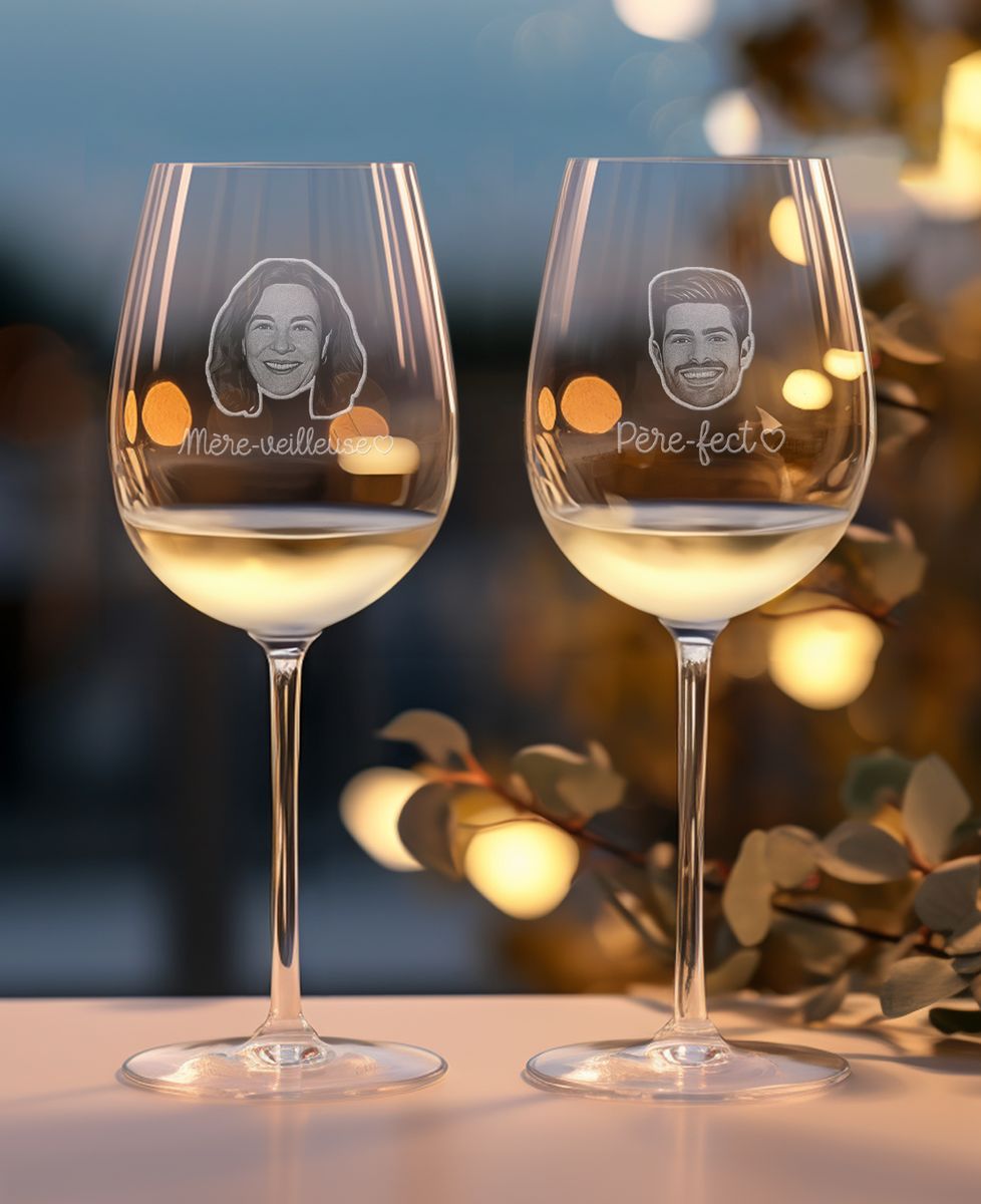 Coffret Duo de verres à vin gravé Père-fect/Mère-veilleuse et visage - Cadeaux Papa, Cadeaux Maman, Apéro