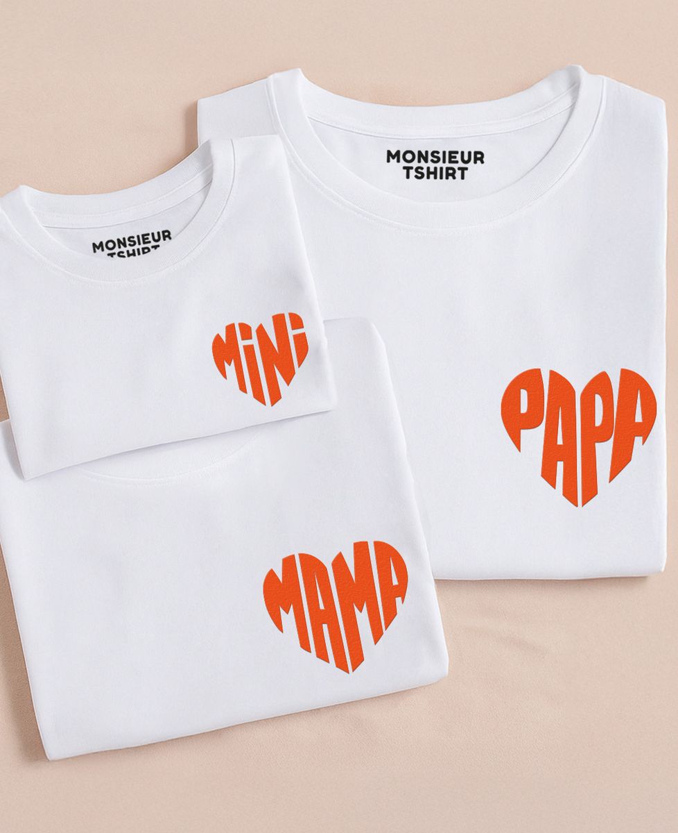 Coffret Trio de T-shirts Papa, Mama, Mini dans un coeur - Cadeaux Papa, Cadeaux Maman