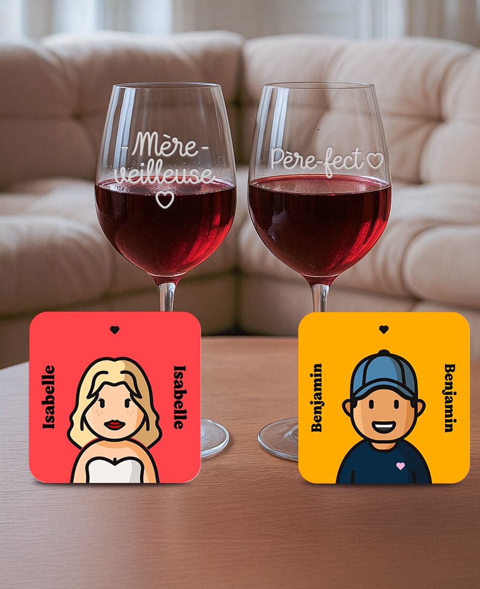 Coffret 2 verres à vin Père-fect & Mère-veilleuse + 2 sous-verre - Apéro