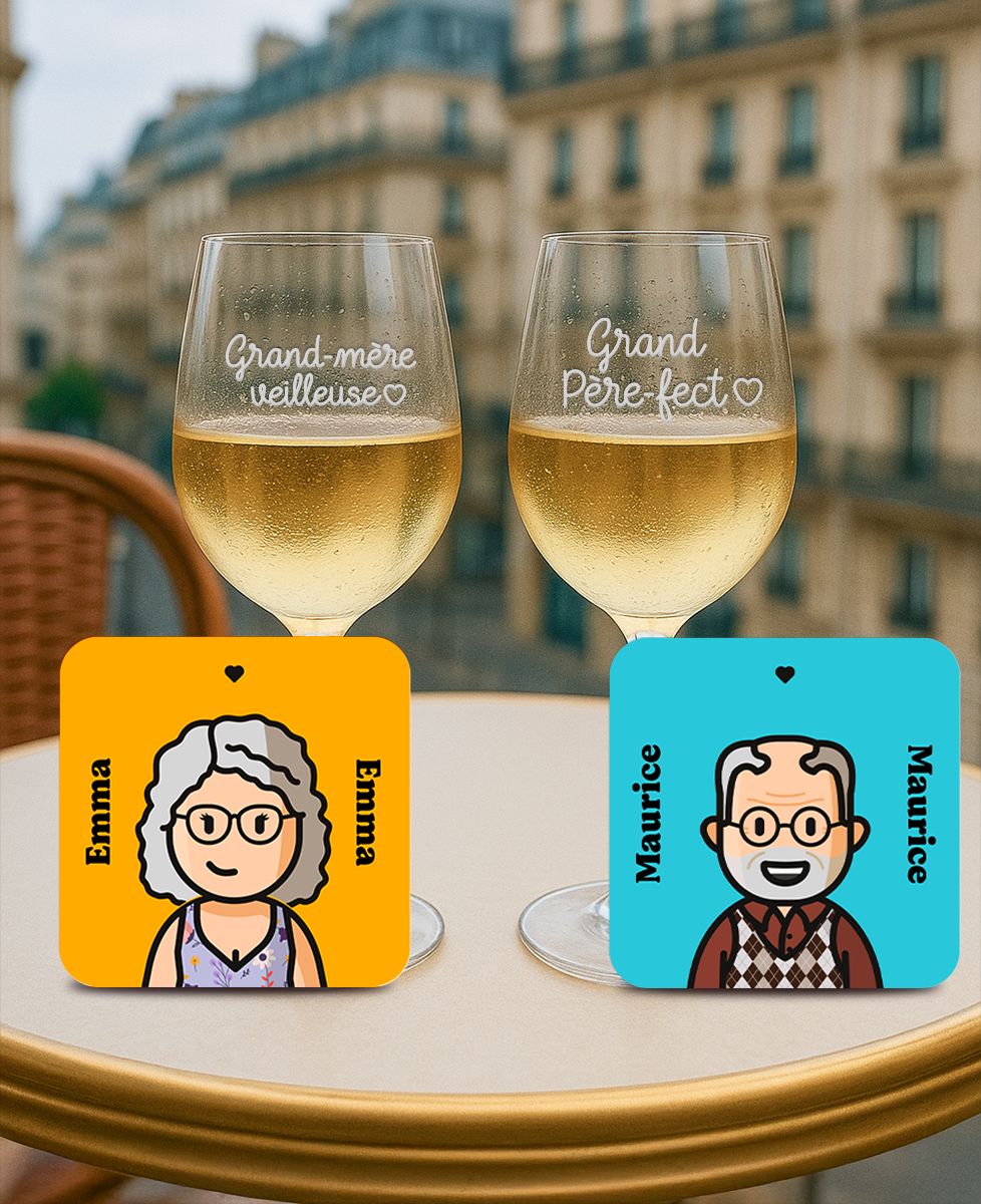 Coffret 2 verres à vin Grand père-fect et Grand mère-veilleuse + 2 dessous de verre figurine - Apéro, Cadeaux Papy