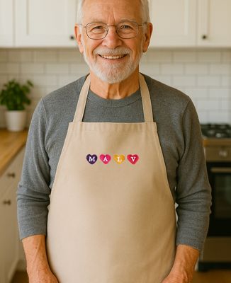 Apron with pocket Embroidered initials and multicolored hearts - Couple gifts