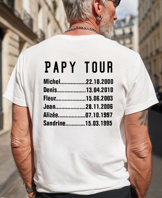 T-shirt homme Papy tour prénoms et dates personnalisées - Cadeaux Papy
