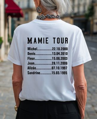 T-shirt femme Mamie tour prénoms et dates personnalisées - Cadeaux Papy