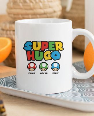 Mug Super first name video game and its mushrooms - Gifts for Dad, Geek & Video Games