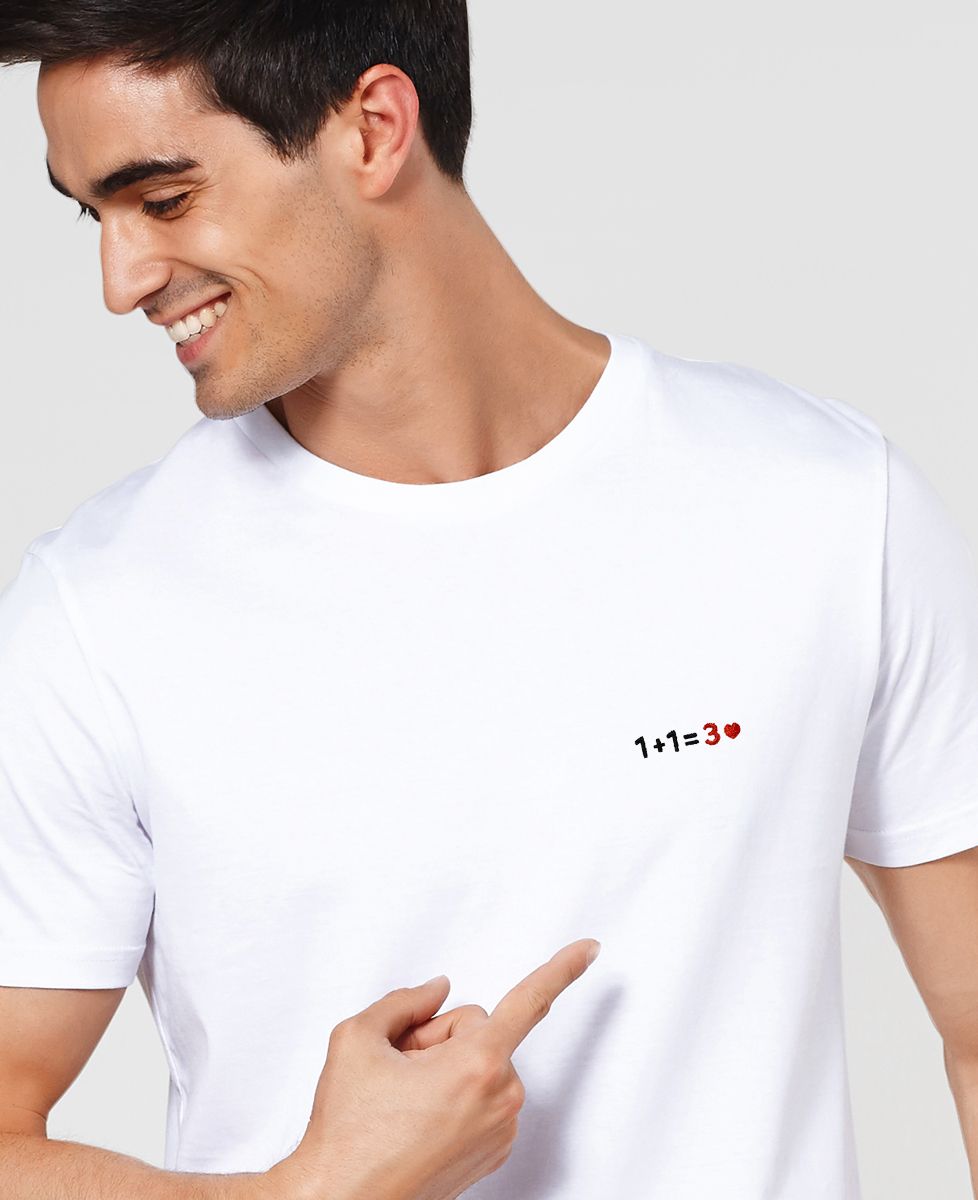 Heren-T-shirt 1+1=3 (geborduurd) - Geschenken voor papa, Geschenken voor mama, Aanstaande moeder/vader, Geschenken voor koppels