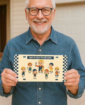 Plaque d'immatriculation décorative Papy et ses petits mécanos personnalisé - Cadeaux Papy