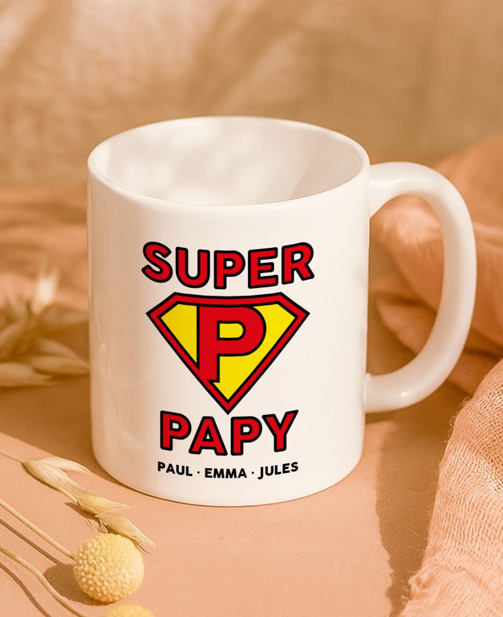 STC Mug Super Papy - Tasse En Céramique Cadeau Idéal Pour Grand-Père, Impression Recto-Verso, 330 Ml