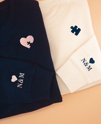 Women's sweatshirt Embroidered puzzle piece with initials on sleeve - Couple gifts
