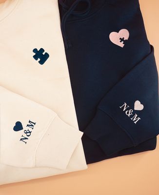Men's hoodie Embroidered puzzle piece with initials on sleeve - Couple gifts