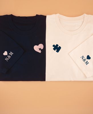 Women's T-Shirt Embroidered puzzle piece with initials on sleeve - Couple gifts
