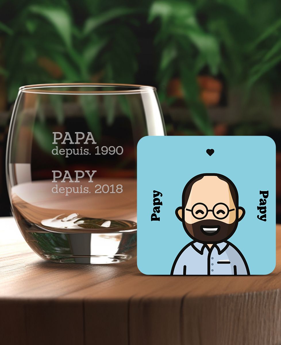 Coffret Verre Papa depuis Papy depuis + Sous-verre Figurine Adulte - Cadeaux Papy