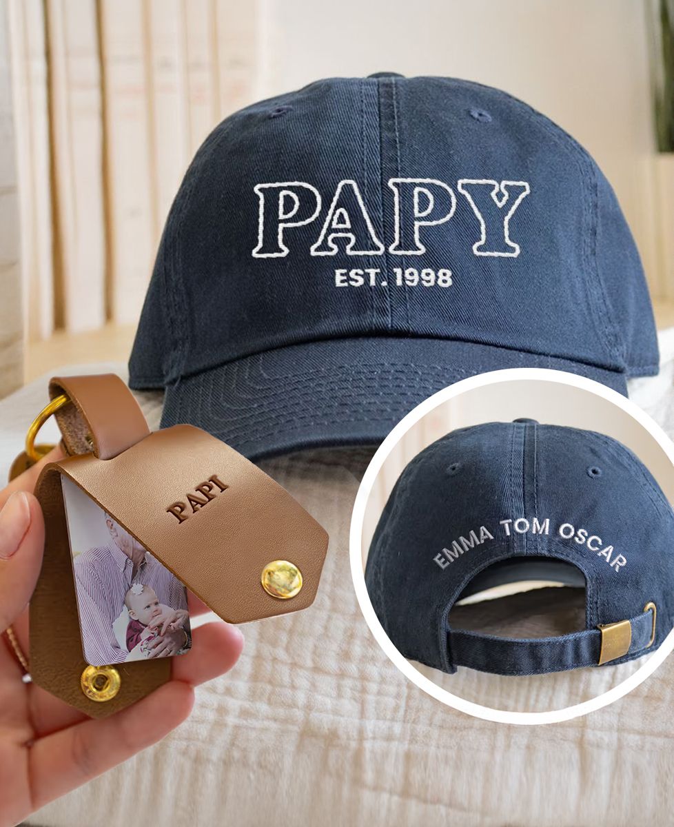Coffret Casquette Papy et prénoms des enfants + Porte-clés Papy et 2 photos personnalisées - Cadeaux Papy
