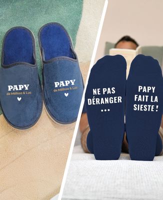 Coffret Chaussons Papy de prénoms personnalisés + Chaussettes homme Ne pas déranger - Papy fait la sieste - Cadeaux Papy