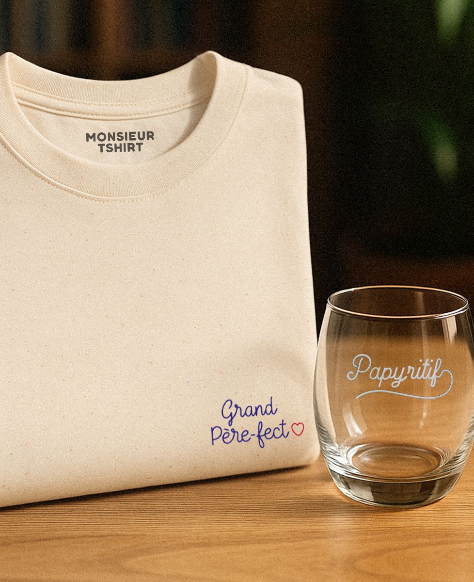 Coffret T-shirt Grand Père-fect (brodé) + Verre à whisky Papy-ritif - Cadeaux Papy