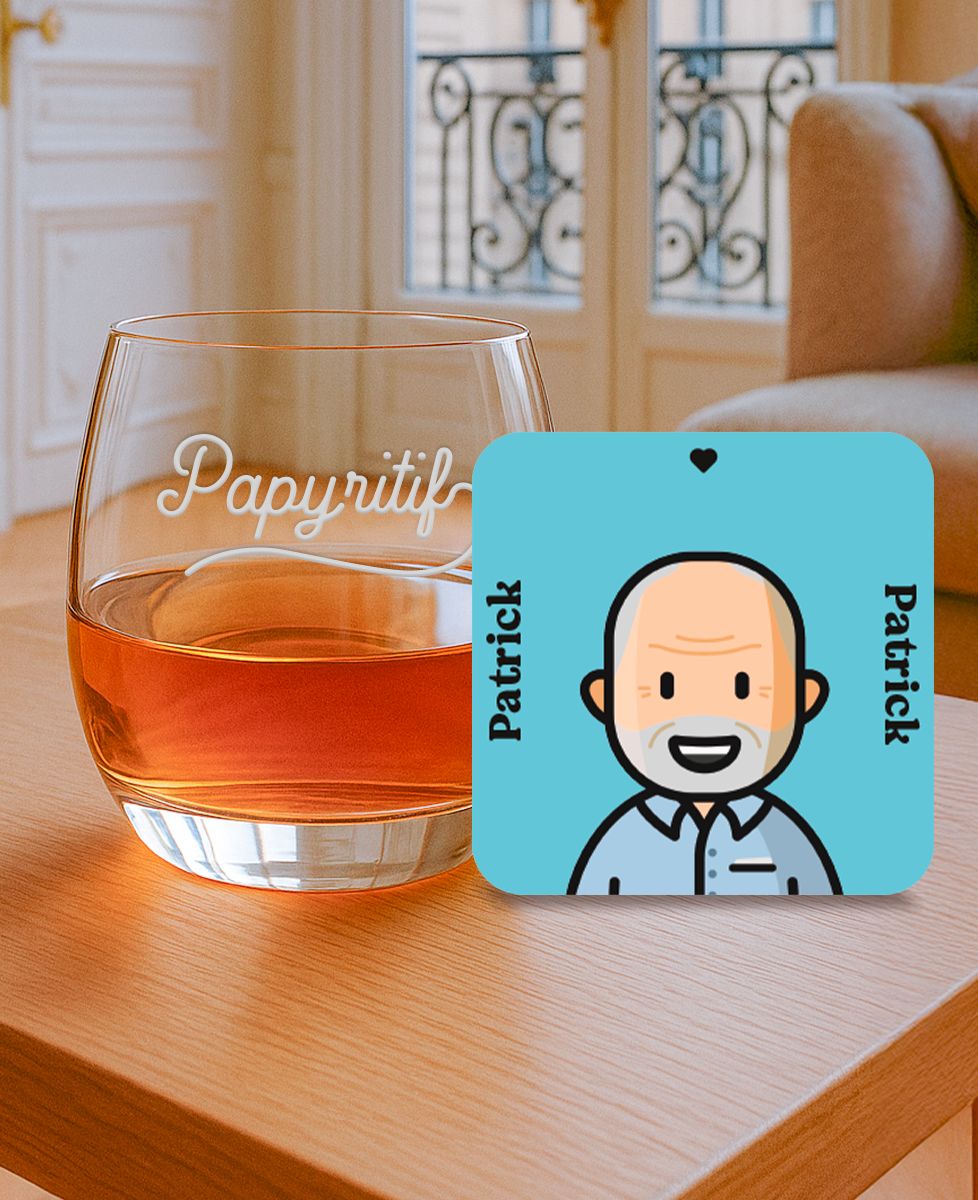 Coffret Verre Papyritif gravé et 1 figurine personnalisée - Apéro, Cadeaux Papy