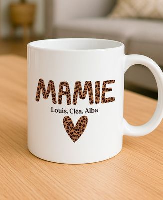 Mug Mamie léopard et prénom des enfants - Cadeaux Papy, Cadeaux Mamie