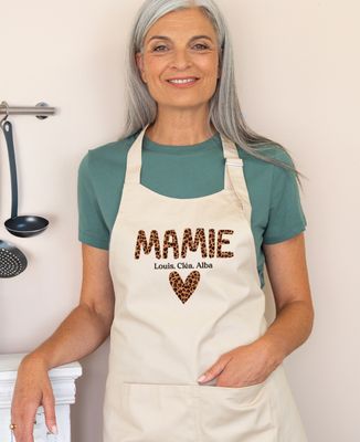 Tablier à poche Mamie léopard et prénom des enfants - Cadeaux Papy, Cadeaux Mamie