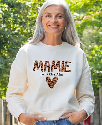 Sweatshirt femme Mamie léopard et prénom des enfants - Cadeaux Papy, Cadeaux Mamie