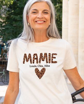 T-shirt femme Mamie léopard et prénom des enfants - Cadeaux Papy, Cadeaux Mamie