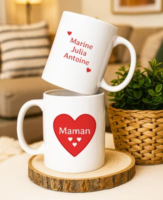 Mug Maman, un coeur par enfant et prénoms des enfants - Cadeaux Maman