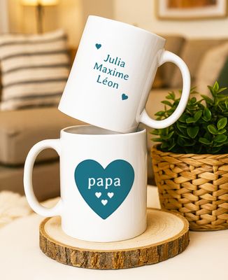 Mug Papa, un coeur par enfant et prénoms des enfants - Cadeaux Papa