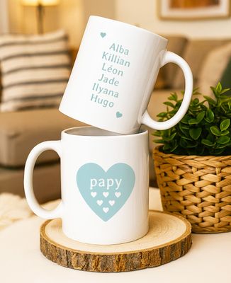 Mug Papy, un coeur par enfant et prénoms des enfants - Cadeaux Papy
