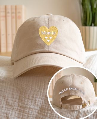 Casquette Mamie, un coeur par enfant et prénoms des enfants brodés - Cadeaux Mamie