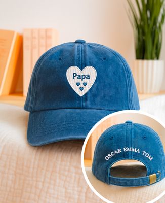 Casquette Papa, un coeur par enfant et prénoms des enfants brodés - Cadeaux Papa