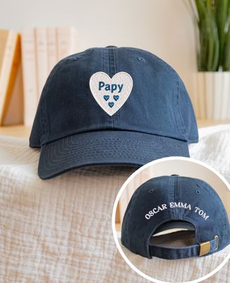 Casquette Papy, un coeur par enfant et prénoms des enfants brodés - Cadeaux Papy