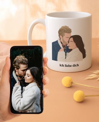 Tasse Minimalistisches illustriertes Porträt von Ihrem Foto aus - JGA & Hochzeit