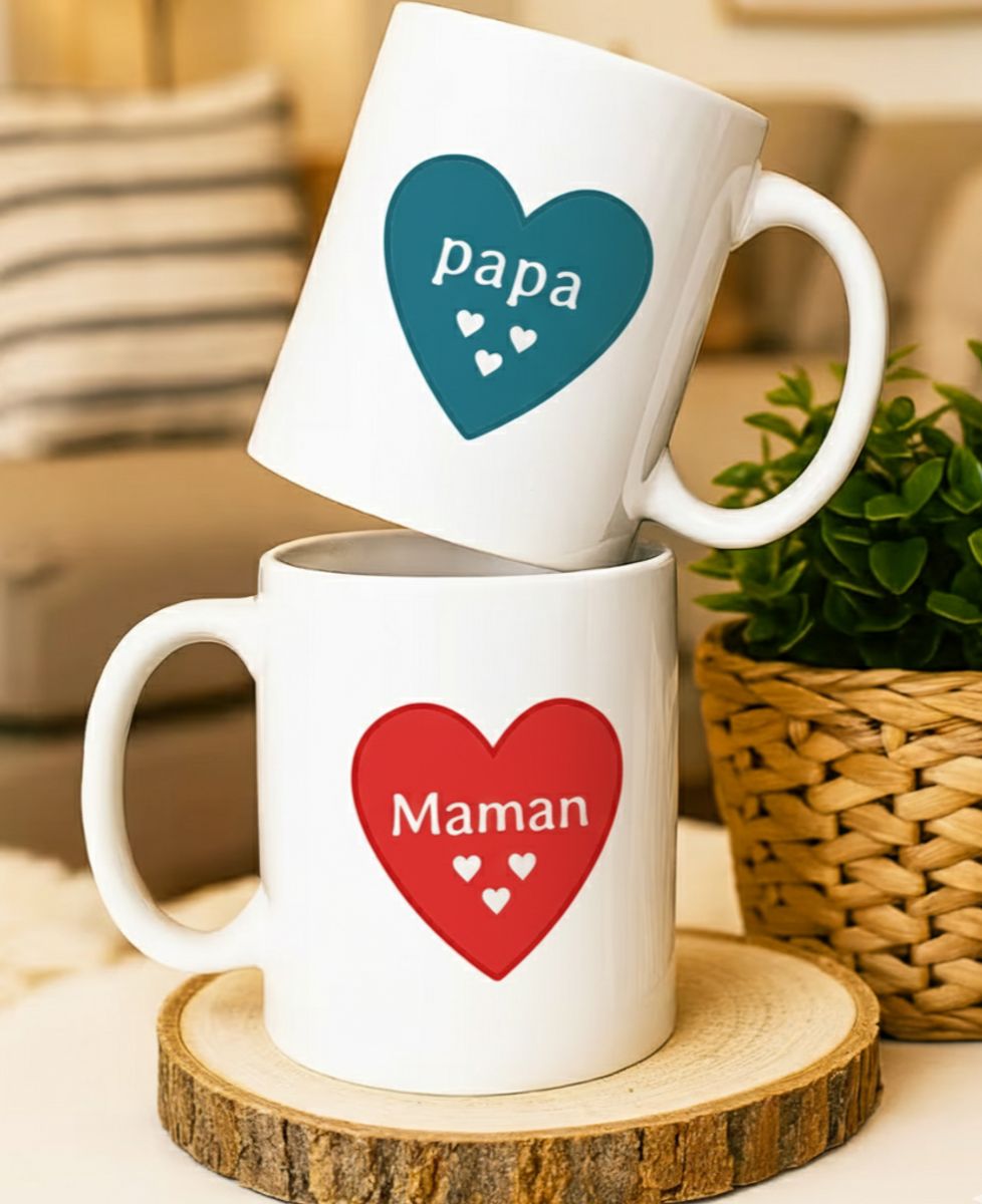 Coffret Duo de Mugs Papa/Maman, un coeur par enfant et prénoms des enfants - Cadeaux Couple, Mariage