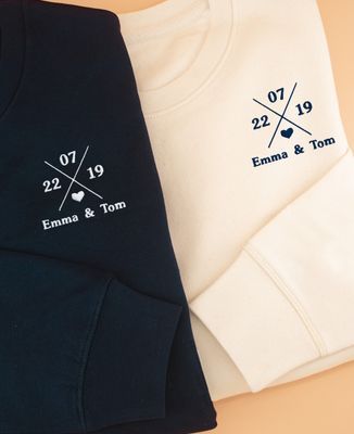 Sweatshirt Frau Datum in Kreuz personalisierte Stickerei - Geschenke für Paare, Geschenke Paar Frau, Geschenke Paar Mann