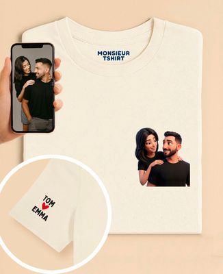 T-shirt femme Couple 3D coeur avec prénoms sur la manche - Cadeaux Couple, Cadeaux Couple Femme, Cadeaux Couple Homme