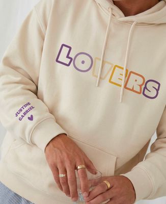 Men's hoodie Personalized multicolored text and first names on sweatshirt sleeve - Mom's gifts, Couple gifts, Woman Couple Gifts