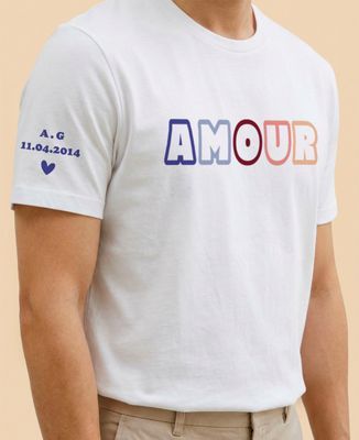 Men's T-Shirt Personalized multicolored text and first names on sweatshirt sleeve - Mom's gifts, Couple gifts, Woman Couple Gifts