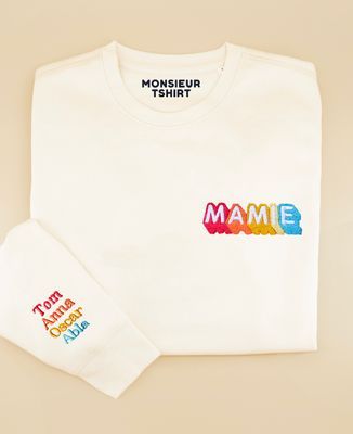 Sweatshirt femme Mamie multicolore brodé et prénoms arc-en-ciel sur la manche - Cadeaux Mamie