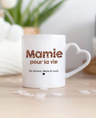 Mug Mamie Texte Léopard Personnalisé avec Prénoms - Cadeaux Mamie