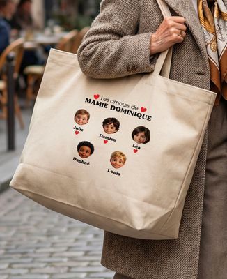 Maxi tote bag Les amours de Mamie et visages en 3D - Cadeaux Maman, Cadeaux Mamie