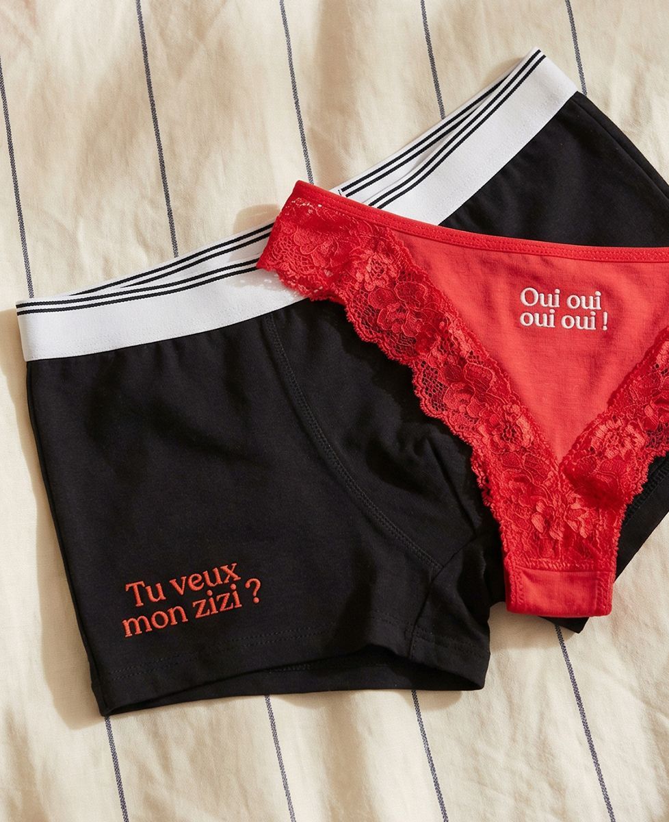 Coffret Duo Boxer Tu veux mon zizi et Culotte tanga Oui oui oui oui - Cadeaux Couple
