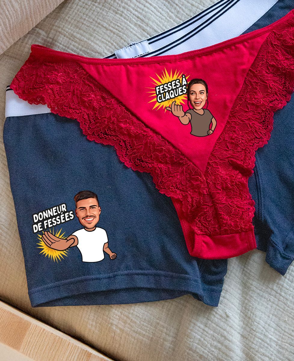 Coffret Boxer Donneur de fessées et Tanga fesses à claques et visage personnalisé - Cadeaux Couple