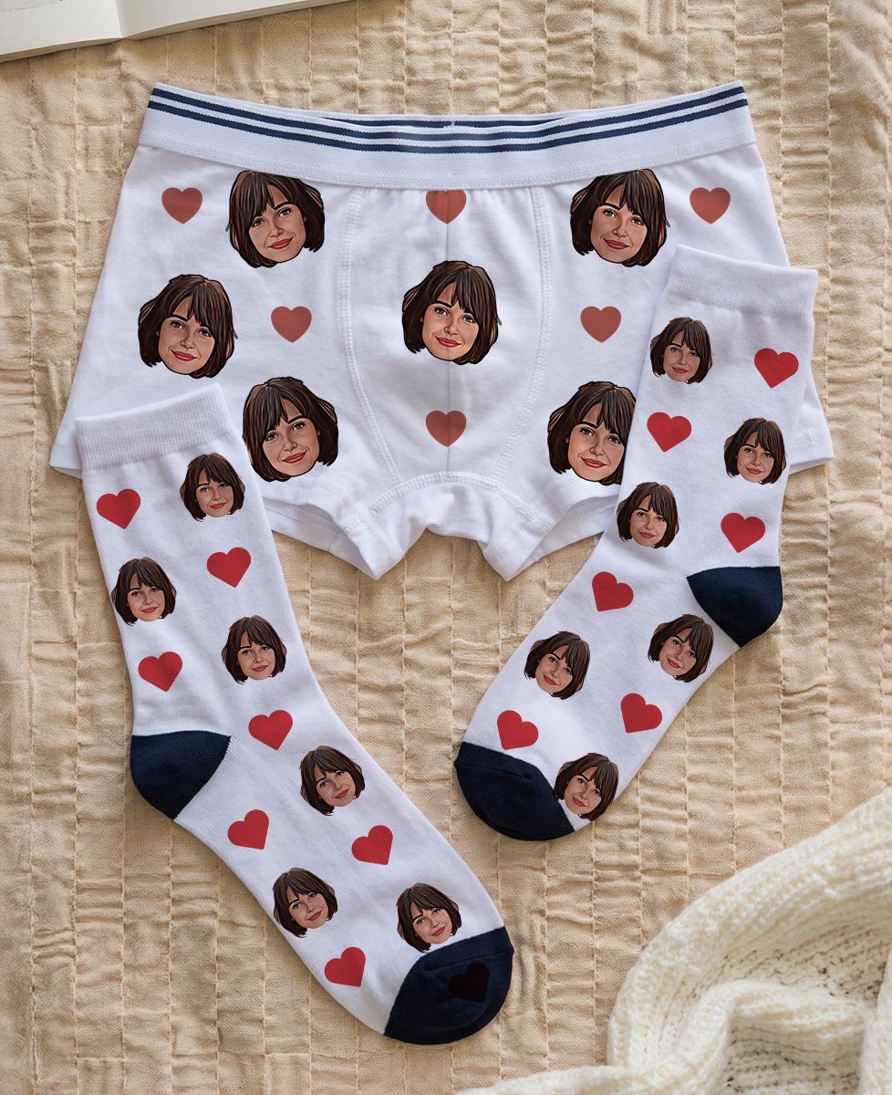 Caja Calzoncillos y calcetines estampados con cara y logotipo personalizados - EVG, EVJF y Boda, Regalos para parejas, EVJF