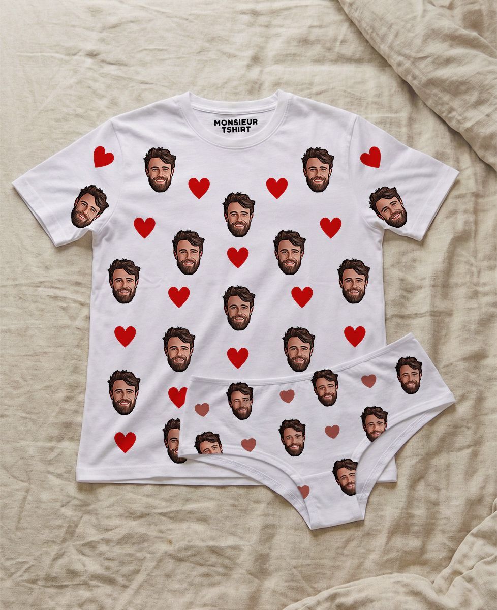 Box T-shirt duo con viso e cuori colorati e mutandine stampate con viso e pittogrammi personalizzati