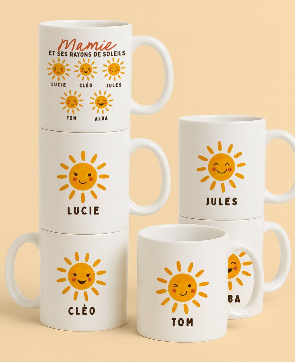 Coffret Duo Mugs Mamie et ses rayons de soleils personnalisés