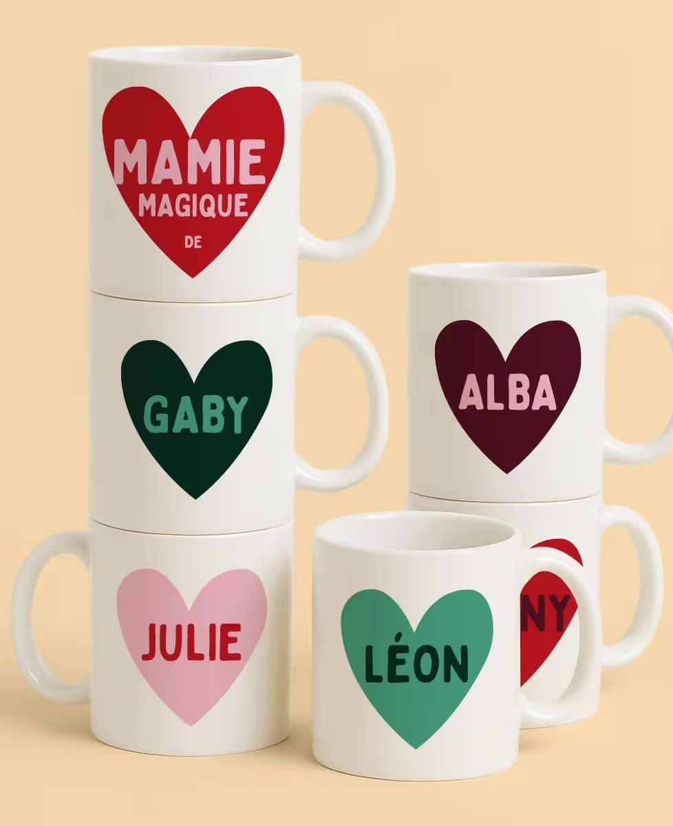 Coffret Duo de Mugs Mamie magique de prénoms et coeur prénom d'enfant personnalisé