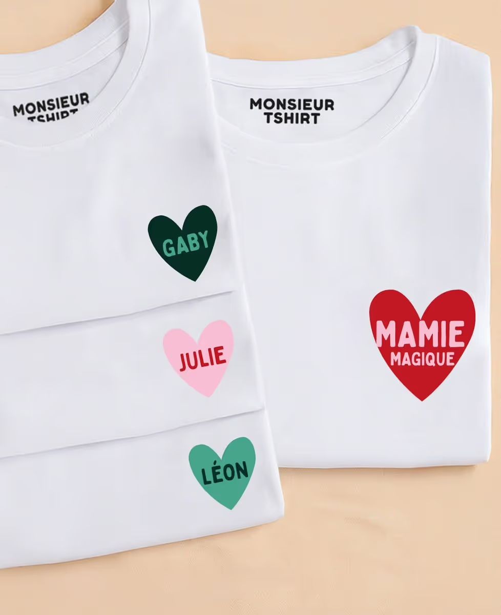 Coffret Duo de T-shirts Mamie magique de prénoms et coeur prénom d'enfant personnalisé
