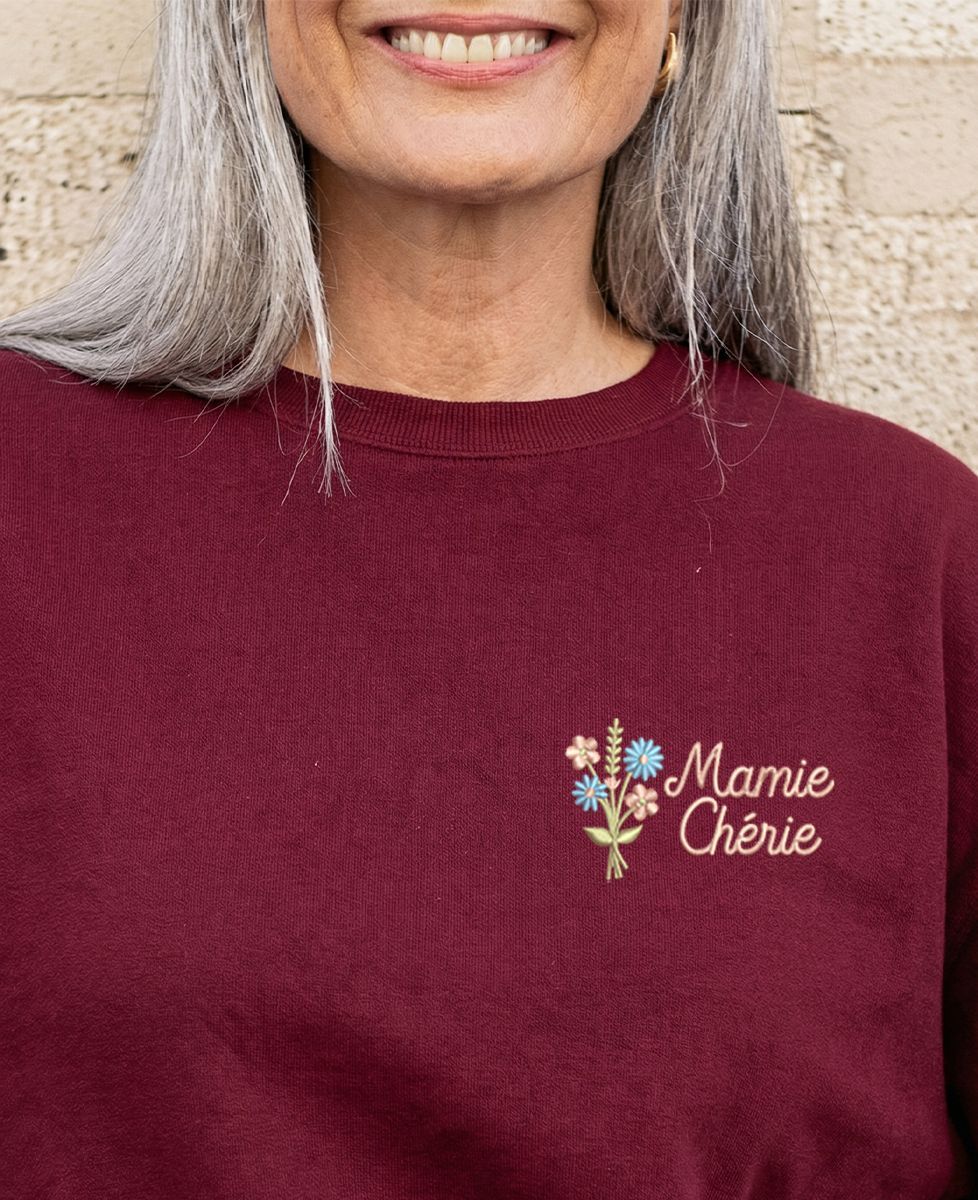 Sweatshirt femme Mamie chérie avec bouquet de fleurs brodé - Cadeaux Mamie
