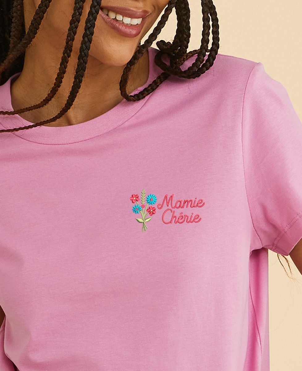 T-shirt femme Mamie chérie avec bouquet de fleurs brodé - Cadeaux Mamie