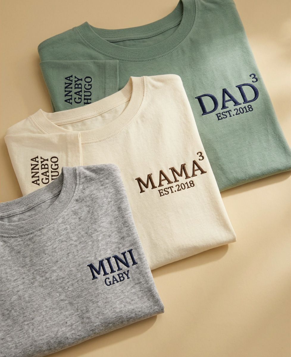 Box T-Shirt-Trio Dad, Mama, Mini-Aussteller bestickt - Papa-Geschenke, Geschenke Mama